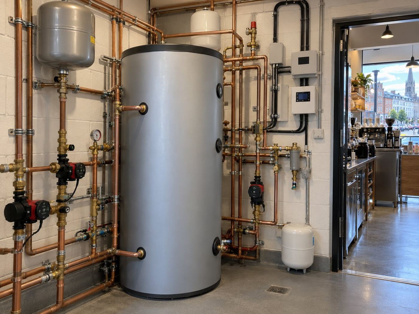 Hot water cylinder, pumps and copper pipework in a café plant room