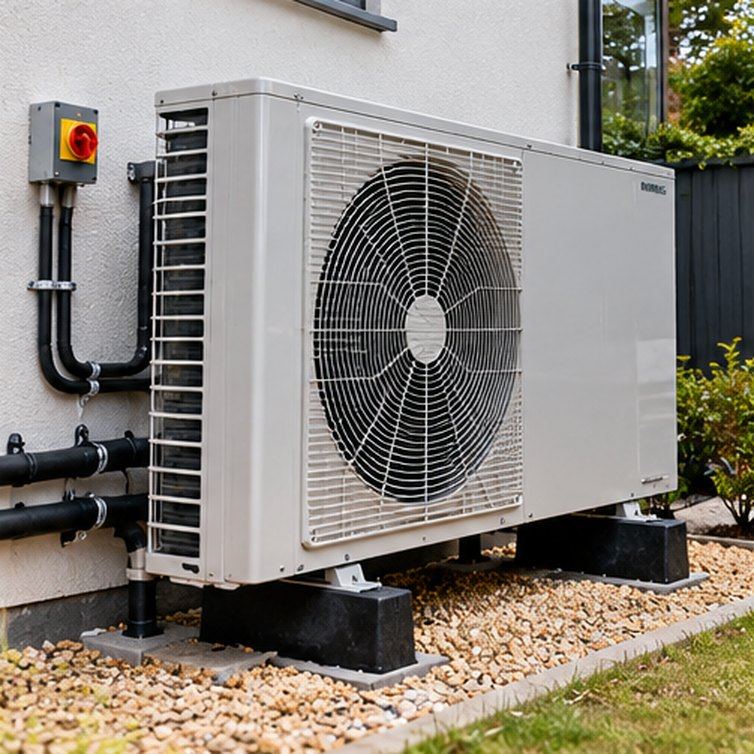 Air-to-water heat pump outdoor unit on anti-vibration feet