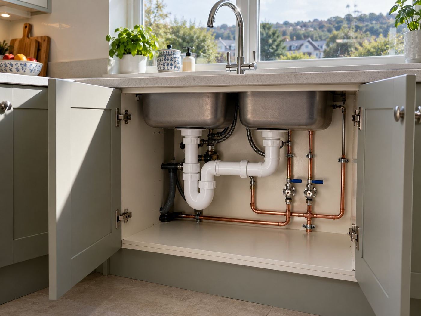 New pipework and isolation valves under a kitchen sink