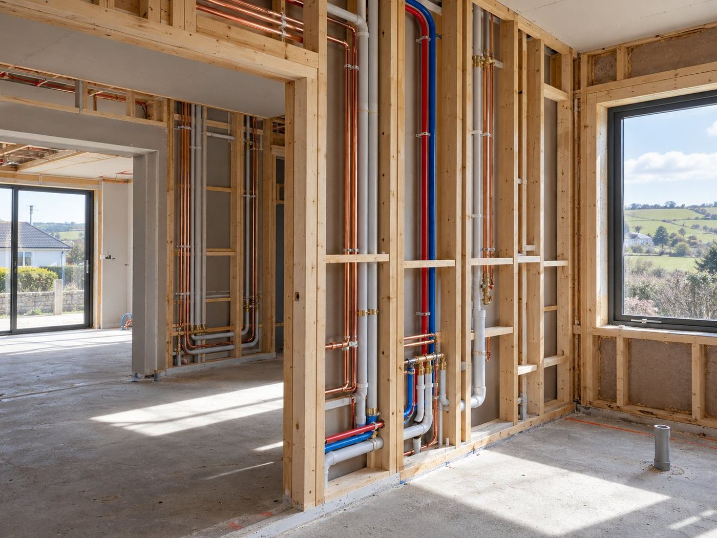 First-fix copper, water and waste pipework in the timber stud walls of a new bungalow