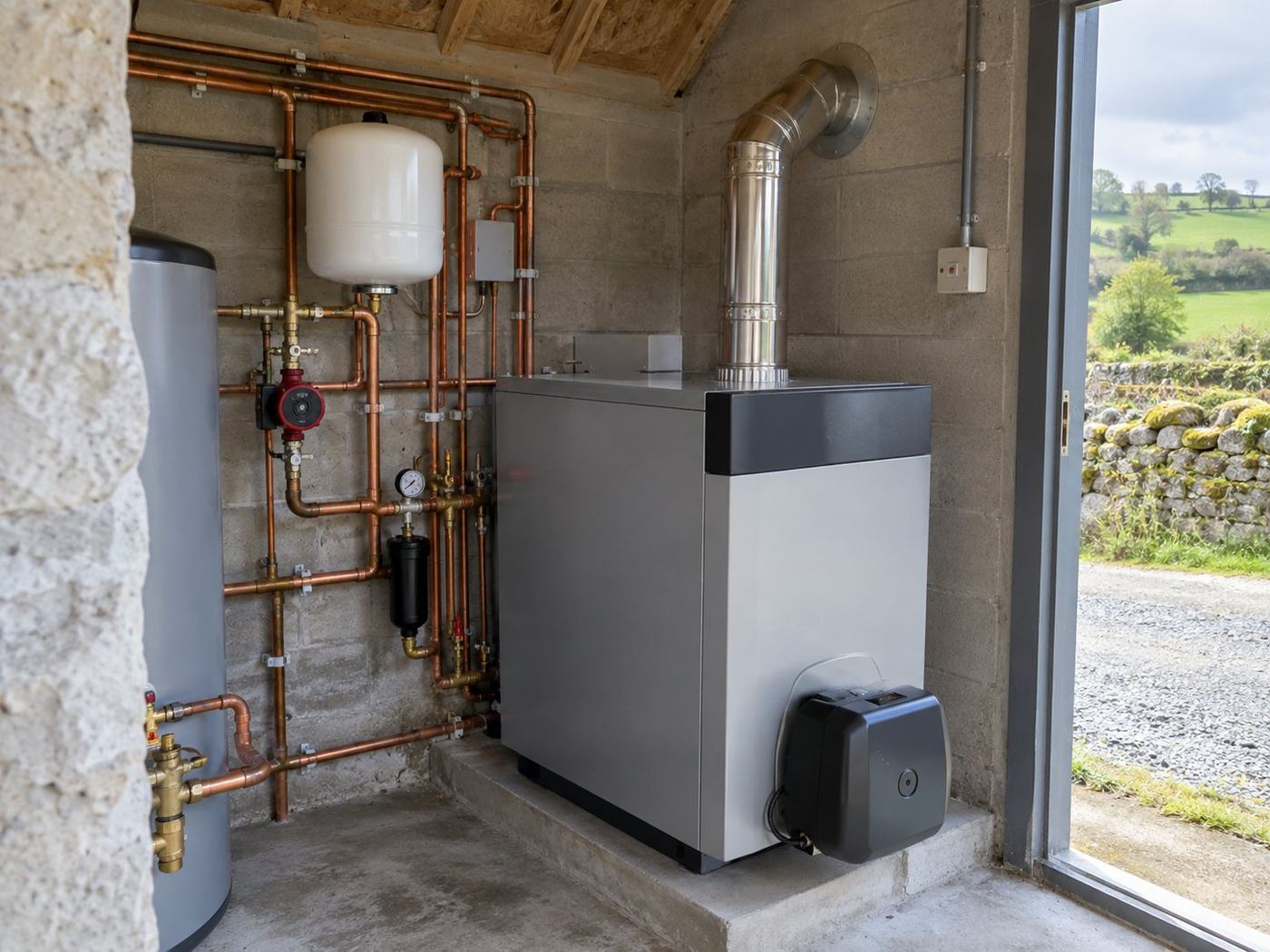 Oil boiler replacement: An old floor-standing oil boiler, noisy and burning more oil each year.
