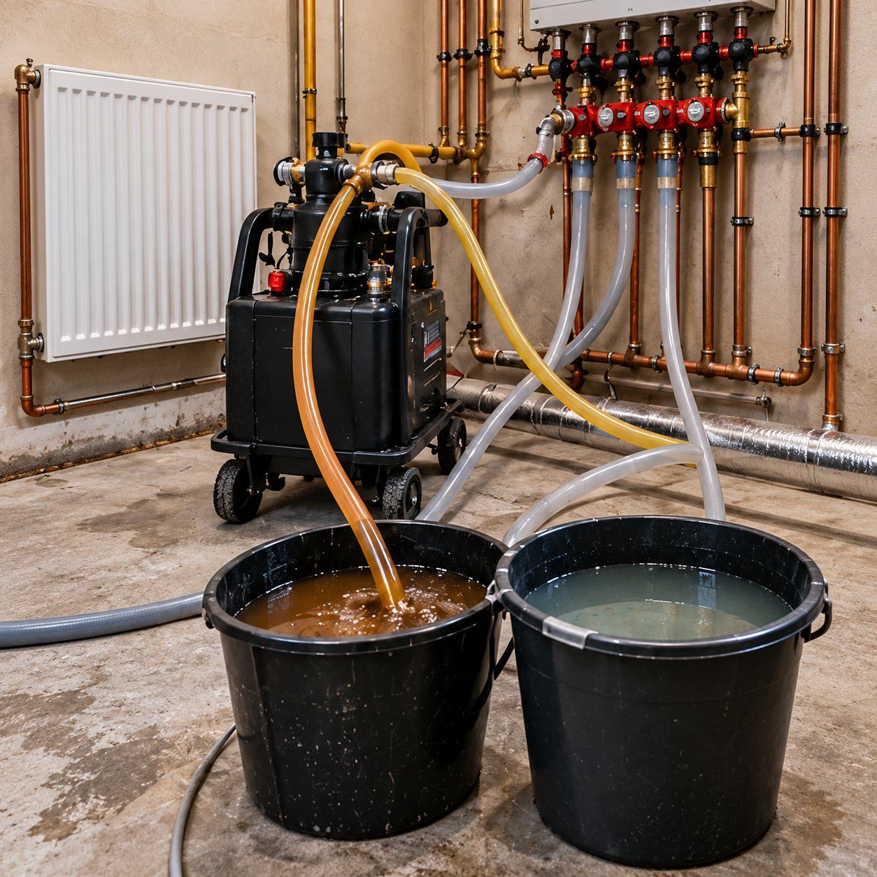 Power flush on a sludged system: Radiators cold at the bottom and black water when bled.