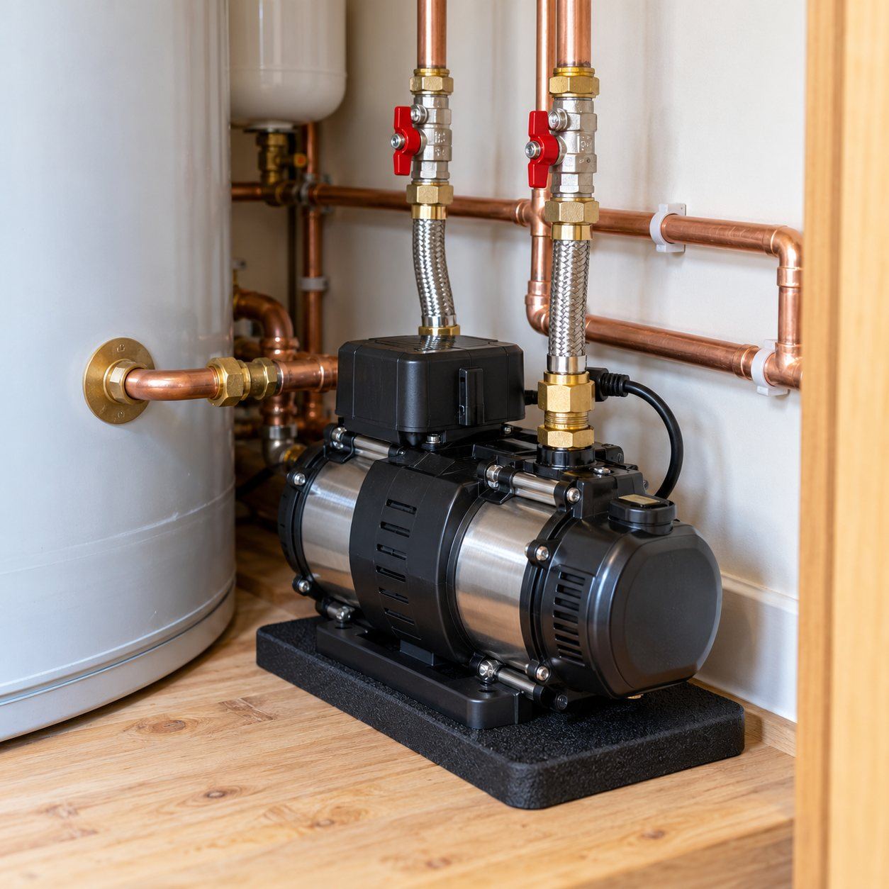 Weak shower: pressure problem fixed: An upstairs shower barely running and a noisy pump.