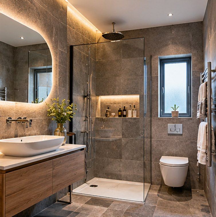 Shower room with lit niche: A full shower room refit from strip-out to finish.